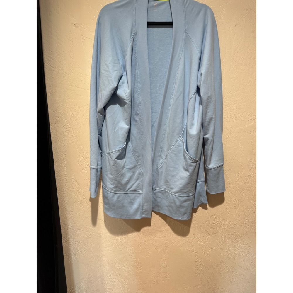 Ideology Womens 1X Light Blue Open Front French Terry Cardigan Pockets Sweater
